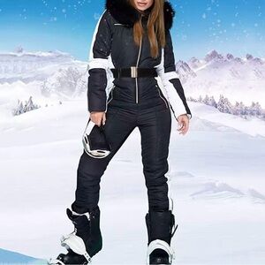 Black and White Ski Suit with Fur Hood